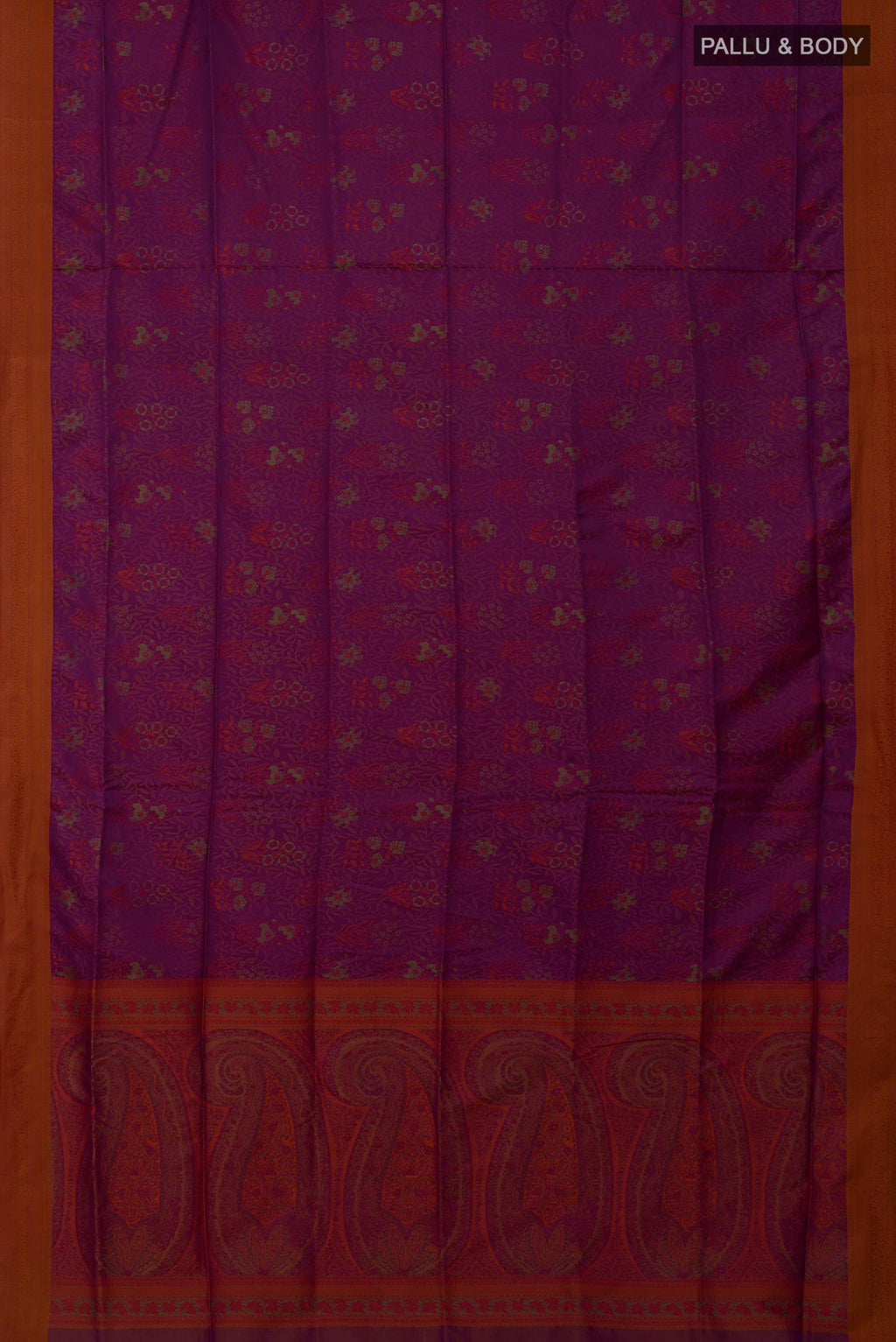 Flat view of Purple Soft Silk Saree with Jacquard design on the body and Thread Border. 
