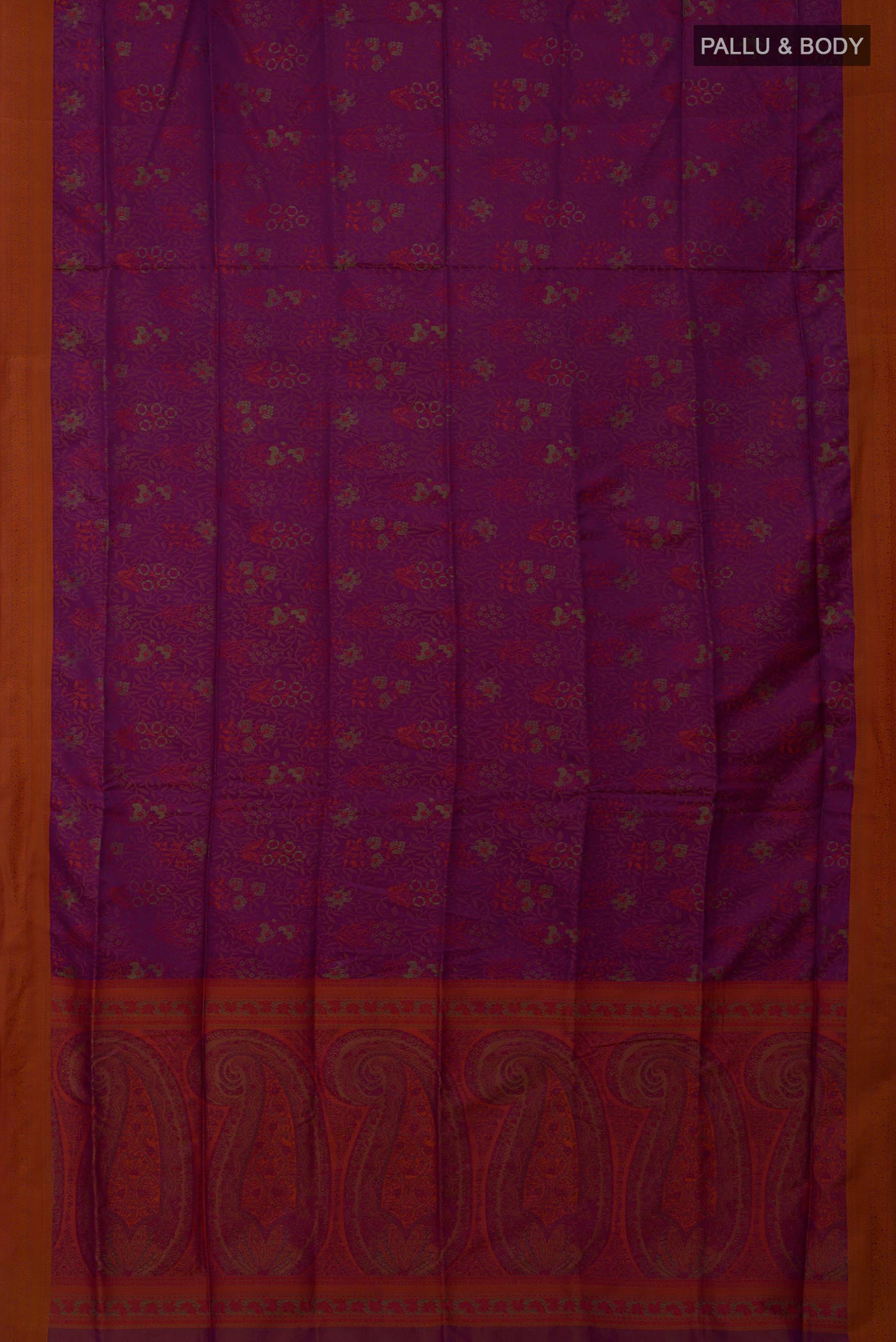 Flat view of Purple Soft Silk Saree with Jacquard design on the body and Thread Border. 