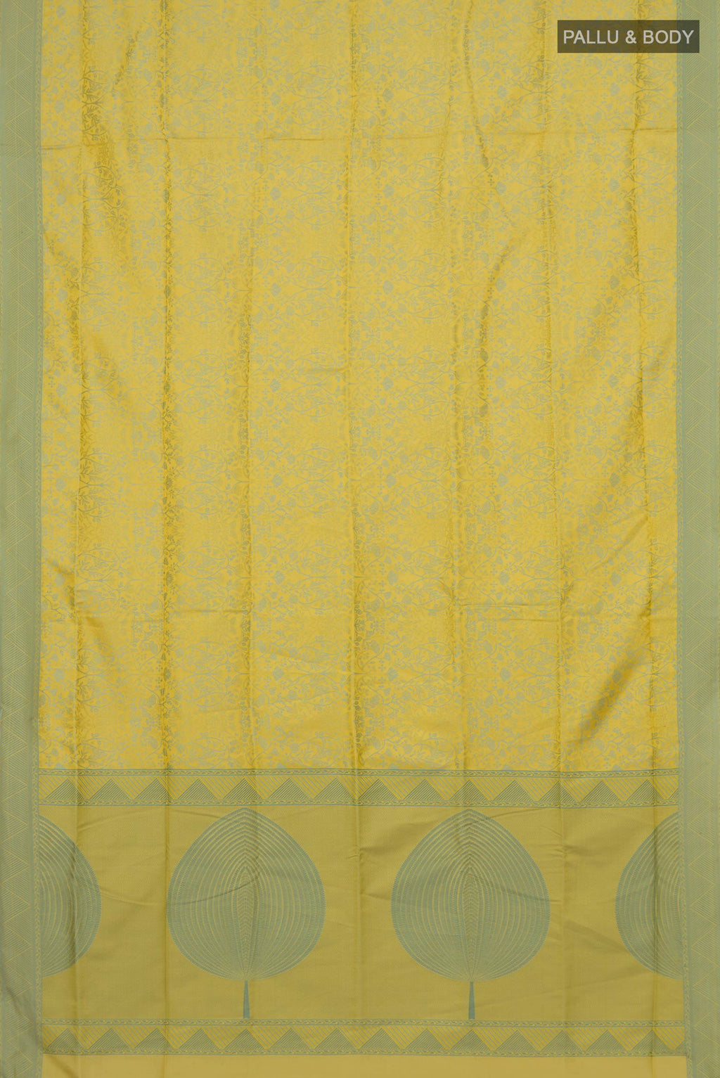 Flat view of Lemon Yellow Soft Silk Saree with Jacquard design on the body and Thread Border. 
