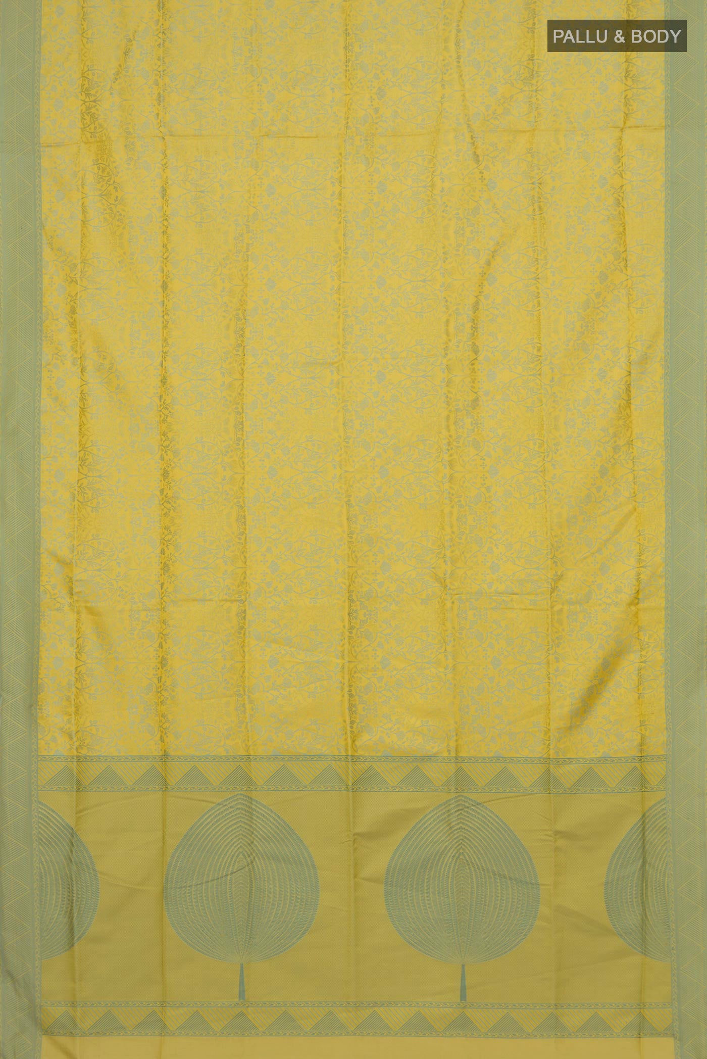 Flat view of Lemon Yellow Soft Silk Saree with Jacquard design on the body and Thread Border. 