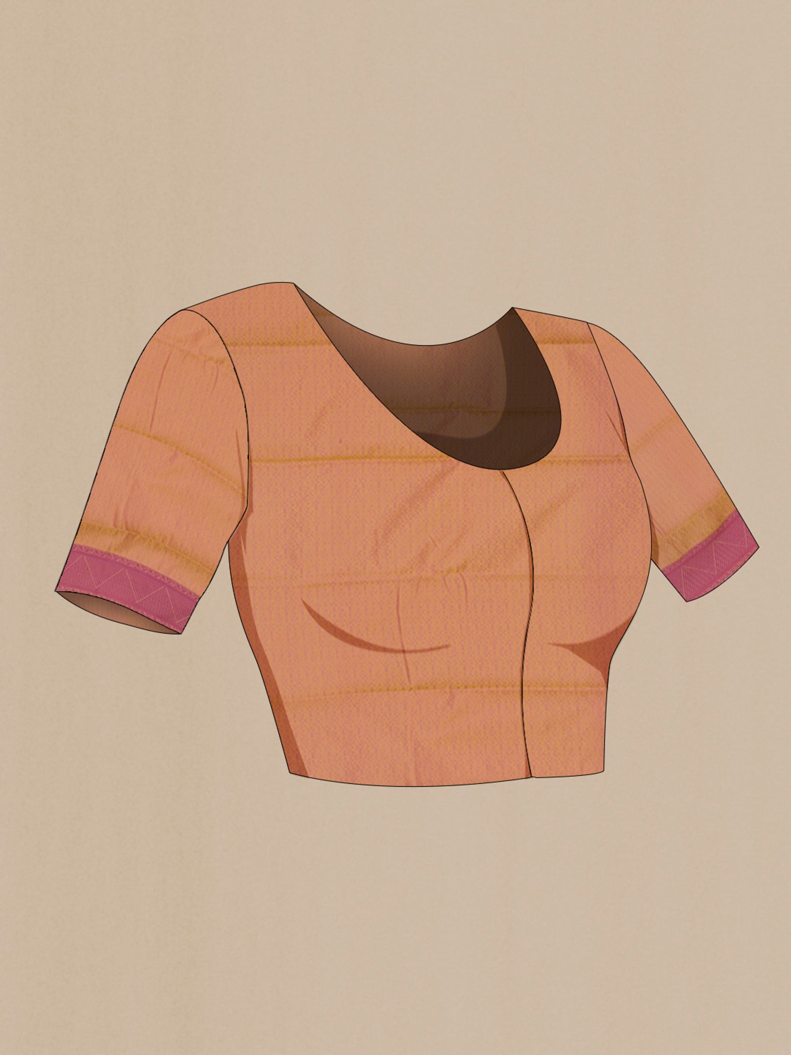 Close up image of the blouse of Pinkish Yellow Soft Silk Saree with Jacquard design on the body and Thread Border. 