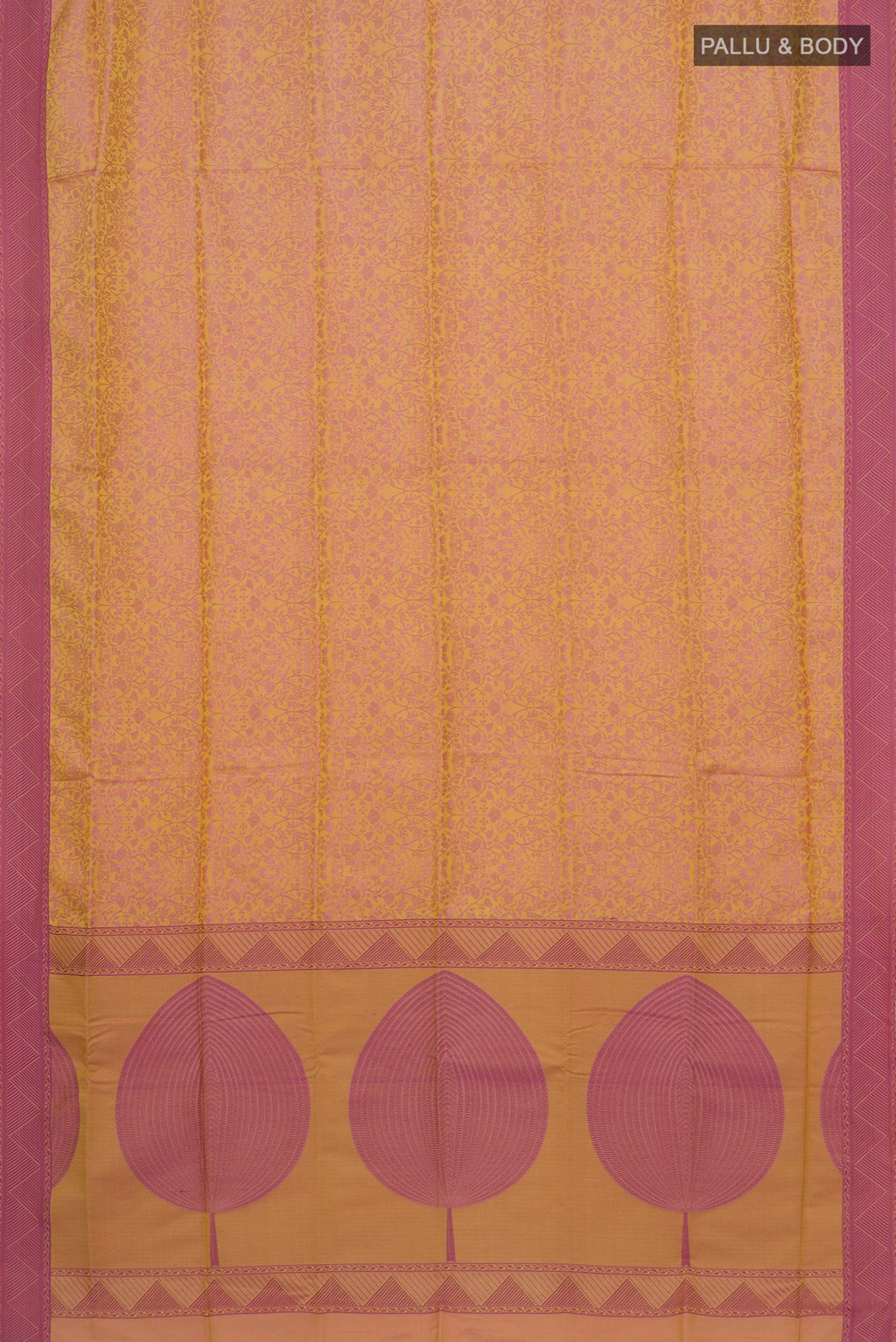 Flat view of Pinkish Yellow Soft Silk Saree with Jacquard design on the body and Thread Border. 