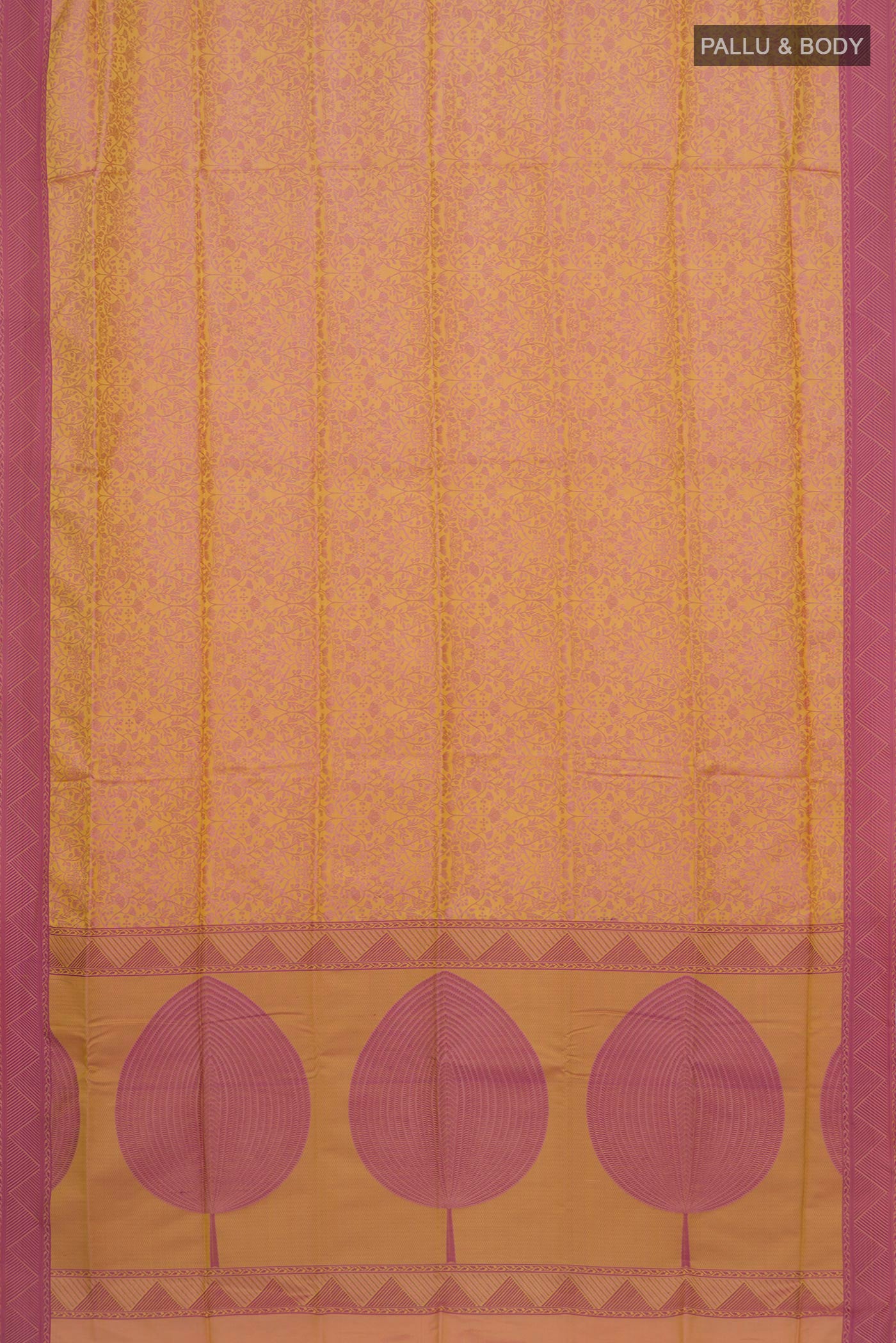 Flat view of Pinkish Yellow Soft Silk Saree with Jacquard design on the body and Thread Border. 