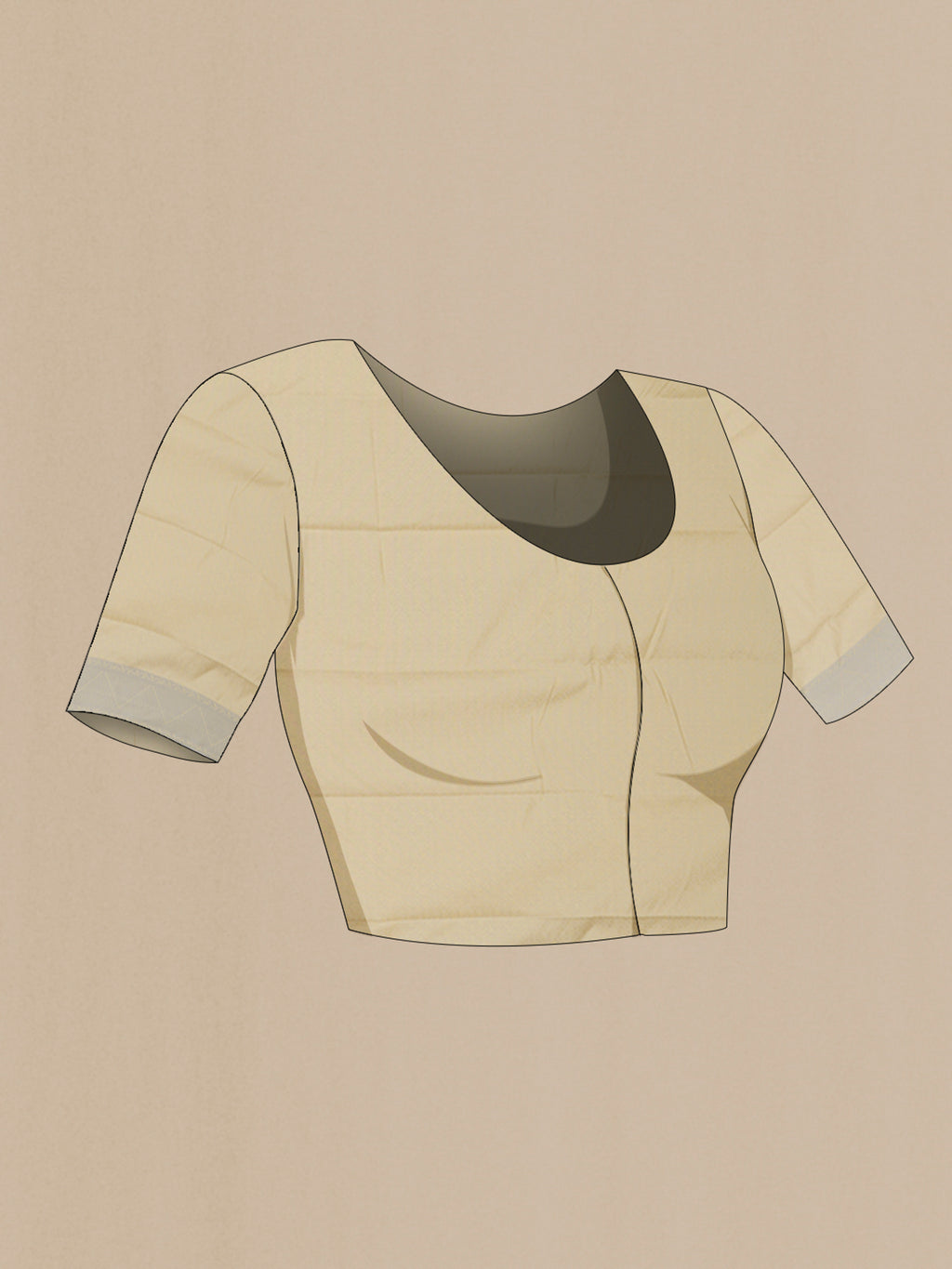 Close up image of the blouse of Cream Soft Silk Saree with Jacquard design on the body and Thread Border. 
