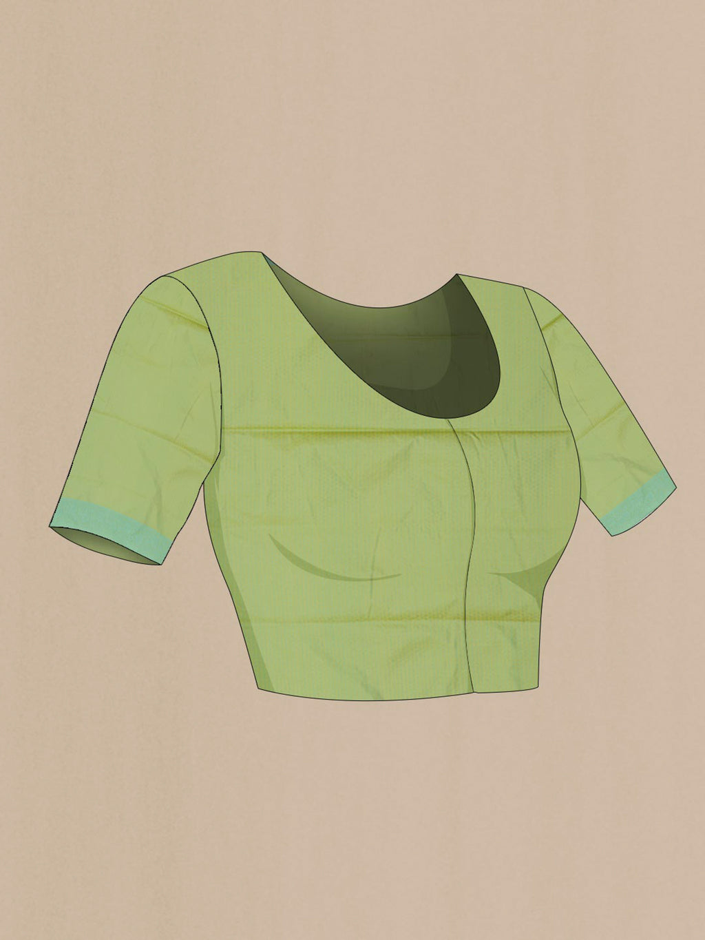 Close up image of the blouse of Pure Silk Green Soft Saree with Jacquard design on the body and Thread Border. 