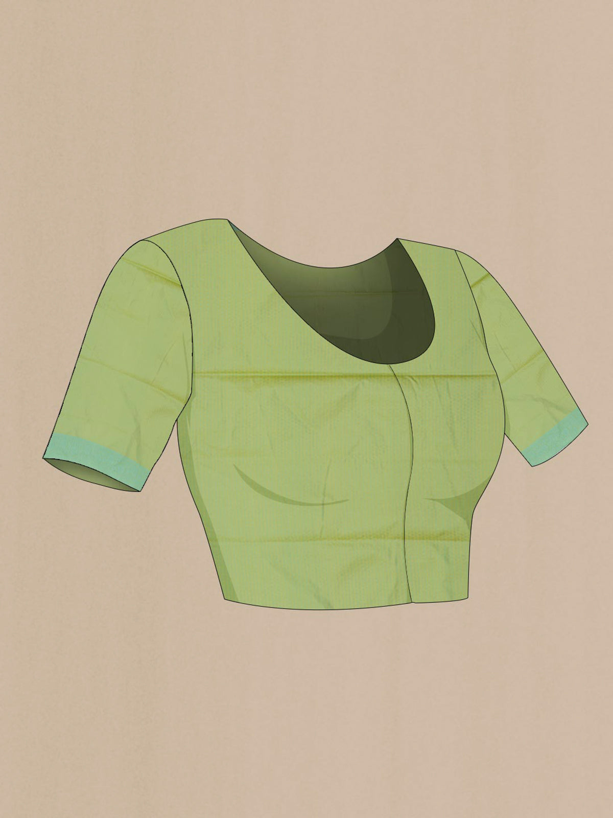 Close up image of the blouse of Pure Silk Green Soft Saree with Jacquard design on the body and Thread Border. 