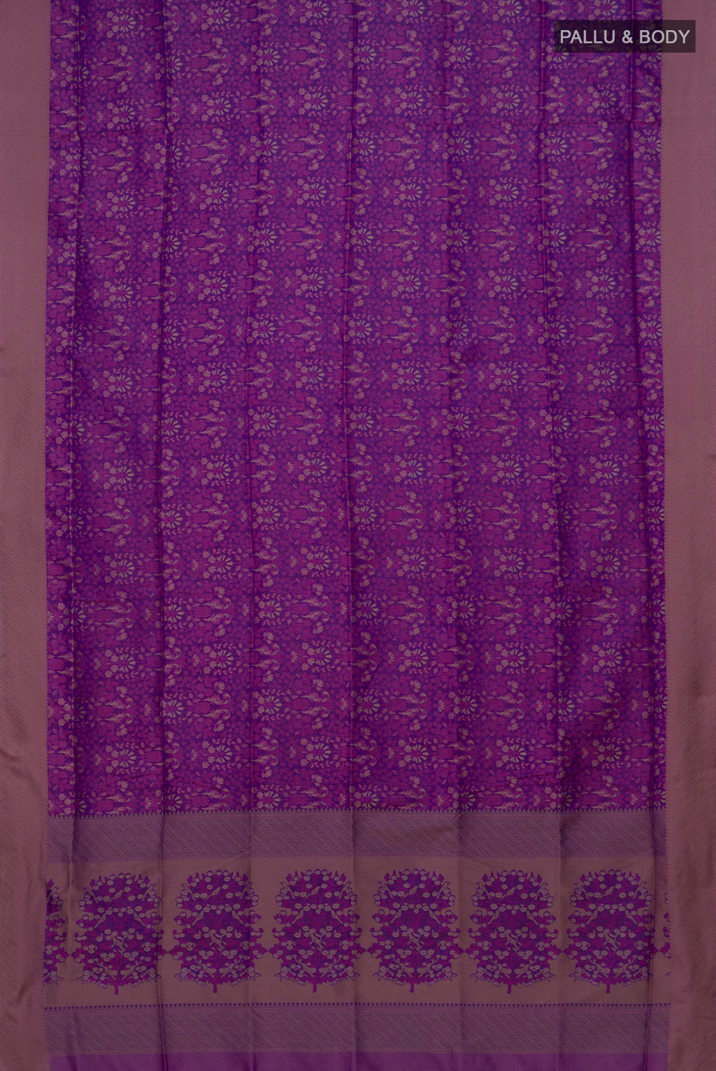 Flat view of Purple Soft Silk Saree with Jacquard design on the body and Thread Border. 
