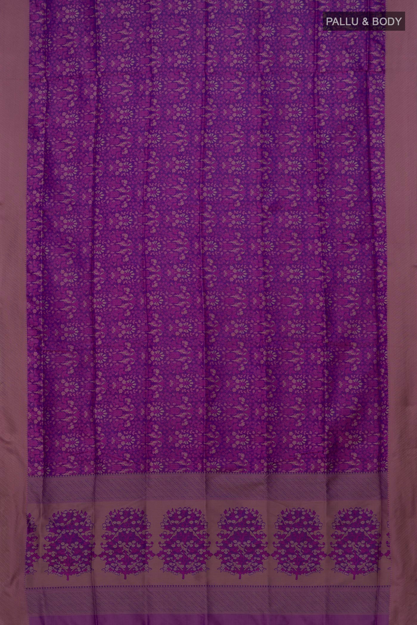 Flat view of Purple Soft Silk Saree with Jacquard design on the body and Thread Border. 