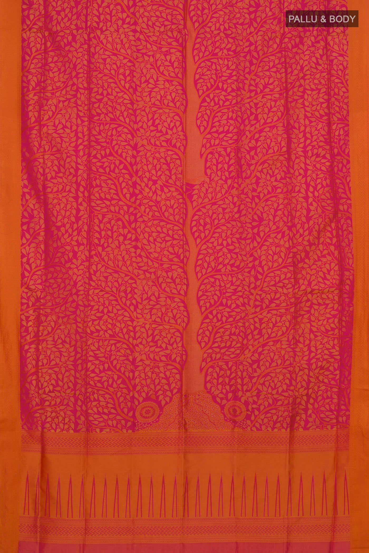 Flat view of Pink Soft Silk Saree with Jacquard design on the body and Thread Border. 