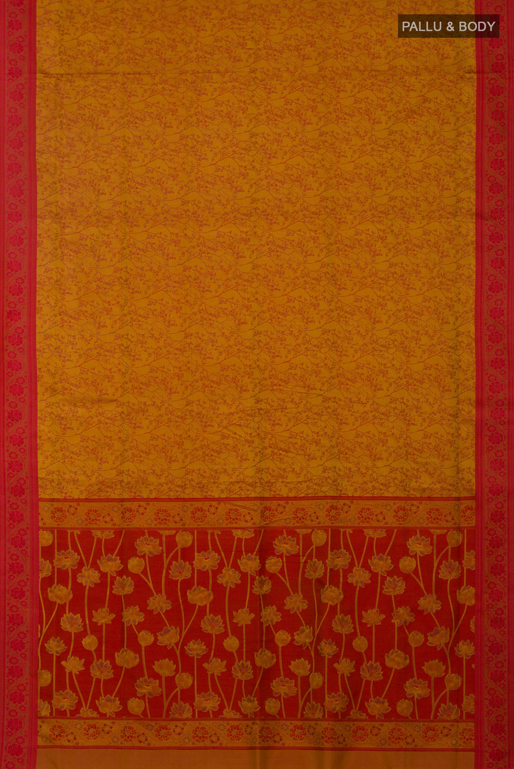 Flat view of Mustard Soft Silk Saree with Jacquard design on the body and Thread Border. 