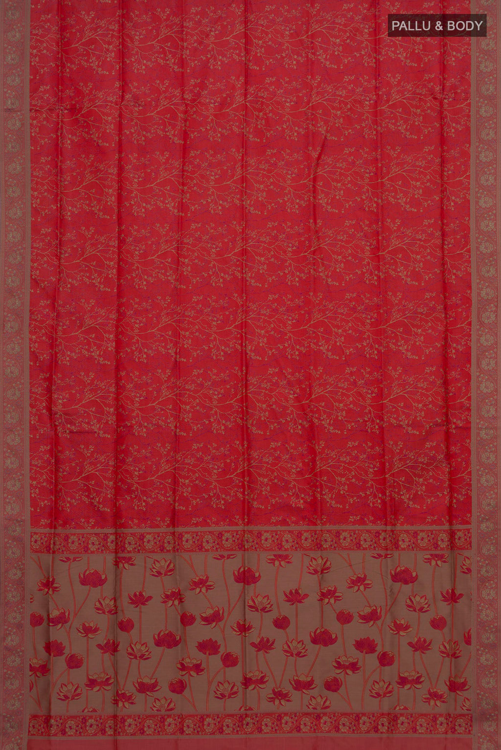 Flat view of Red Soft Silk Saree with Jacquard design on the body and Thread Border. 