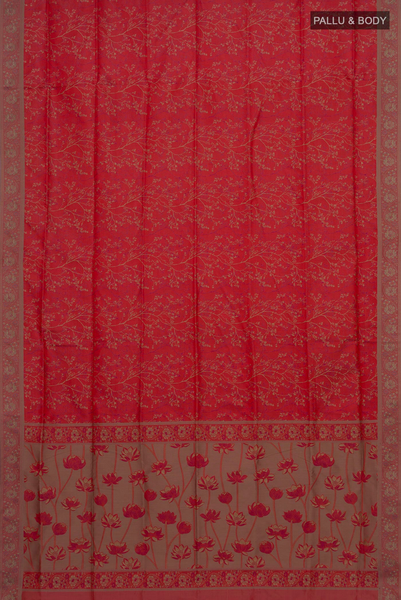 Flat view of Red Soft Silk Saree with Jacquard design on the body and Thread Border. 
