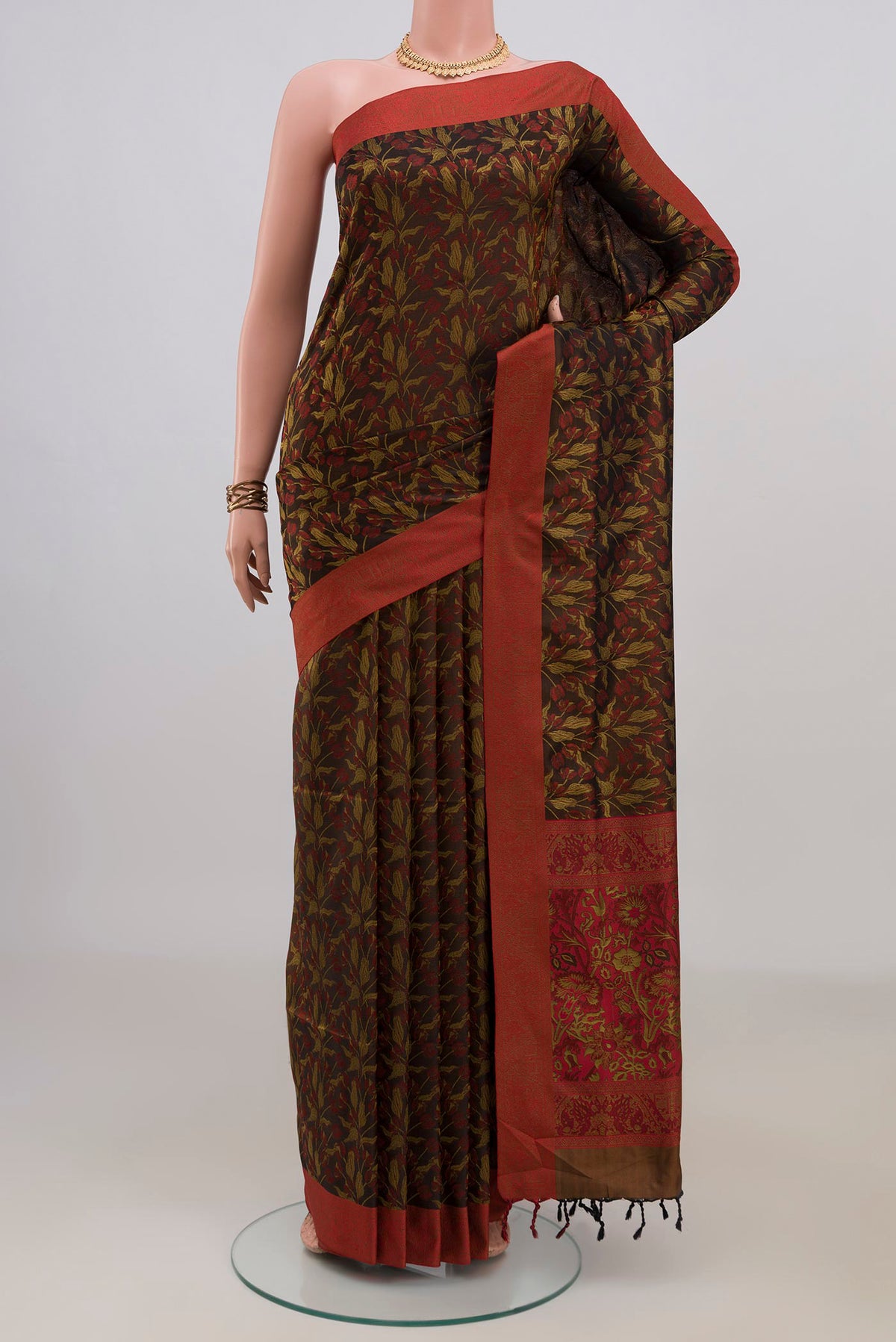 Pure Silk Brown Soft Saree with Jacquard design on the body and Thread Border.  displayed on a mannequin