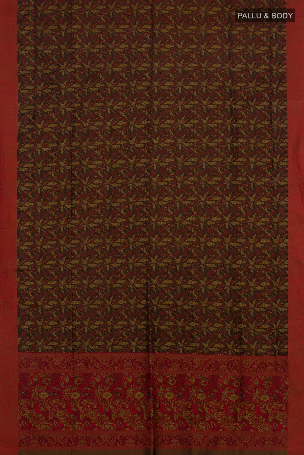 Flat view of Pure Silk Brown Soft Saree with Jacquard design on the body and Thread Border. 