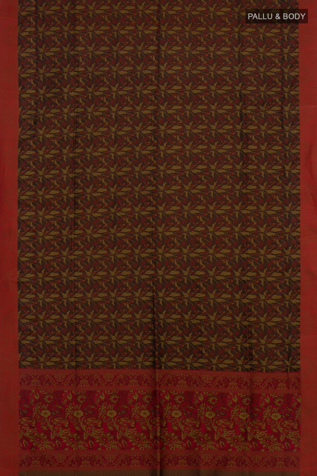 Flat view of Pure Silk Brown Soft Saree with Jacquard design on the body and Thread Border. 