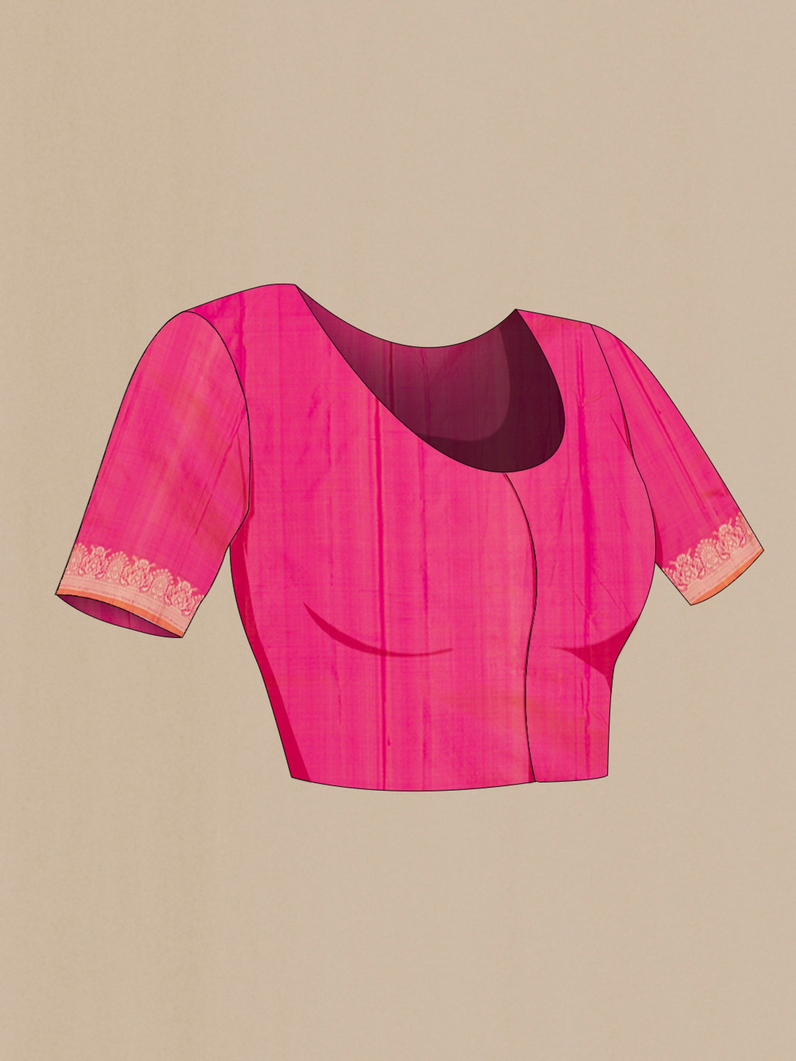 Close up image of the blouse of Pink Banarasi Katan Silk Saree with Thread Butta on the body and Thread Border. 