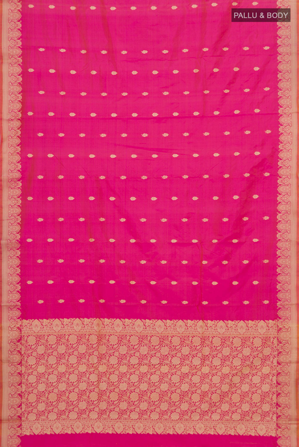 Flat view of Pink Banarasi Katan Silk Saree with Thread Butta on the body and Thread Border. 