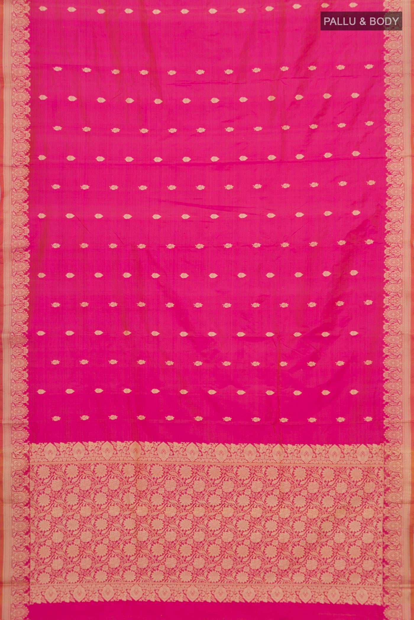 Flat view of Pink Banarasi Katan Silk Saree with Thread Butta on the body and Thread Border. 