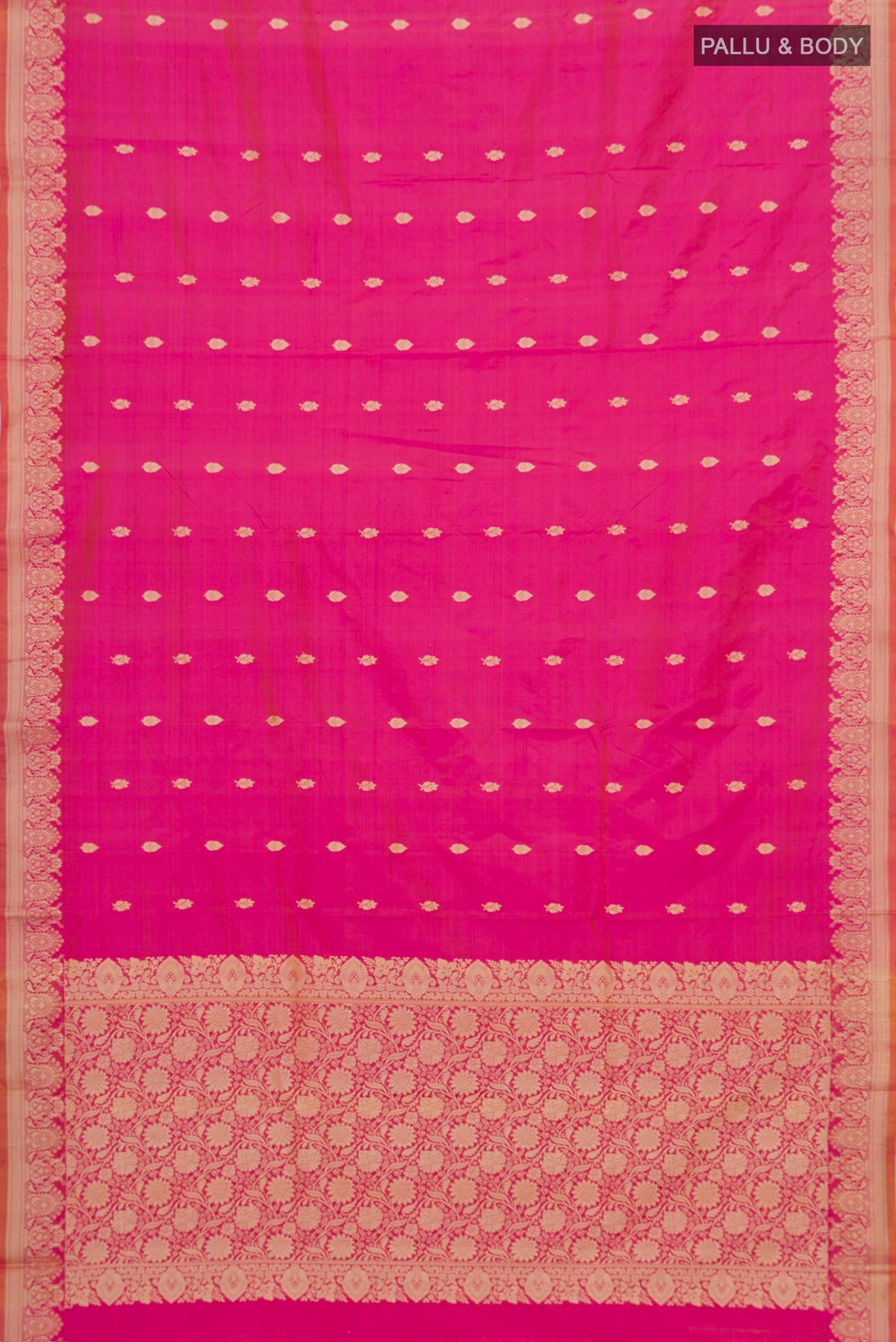 Flat view of Pink Banarasi Katan Silk Saree with Thread Butta on the body and Thread Border. 
