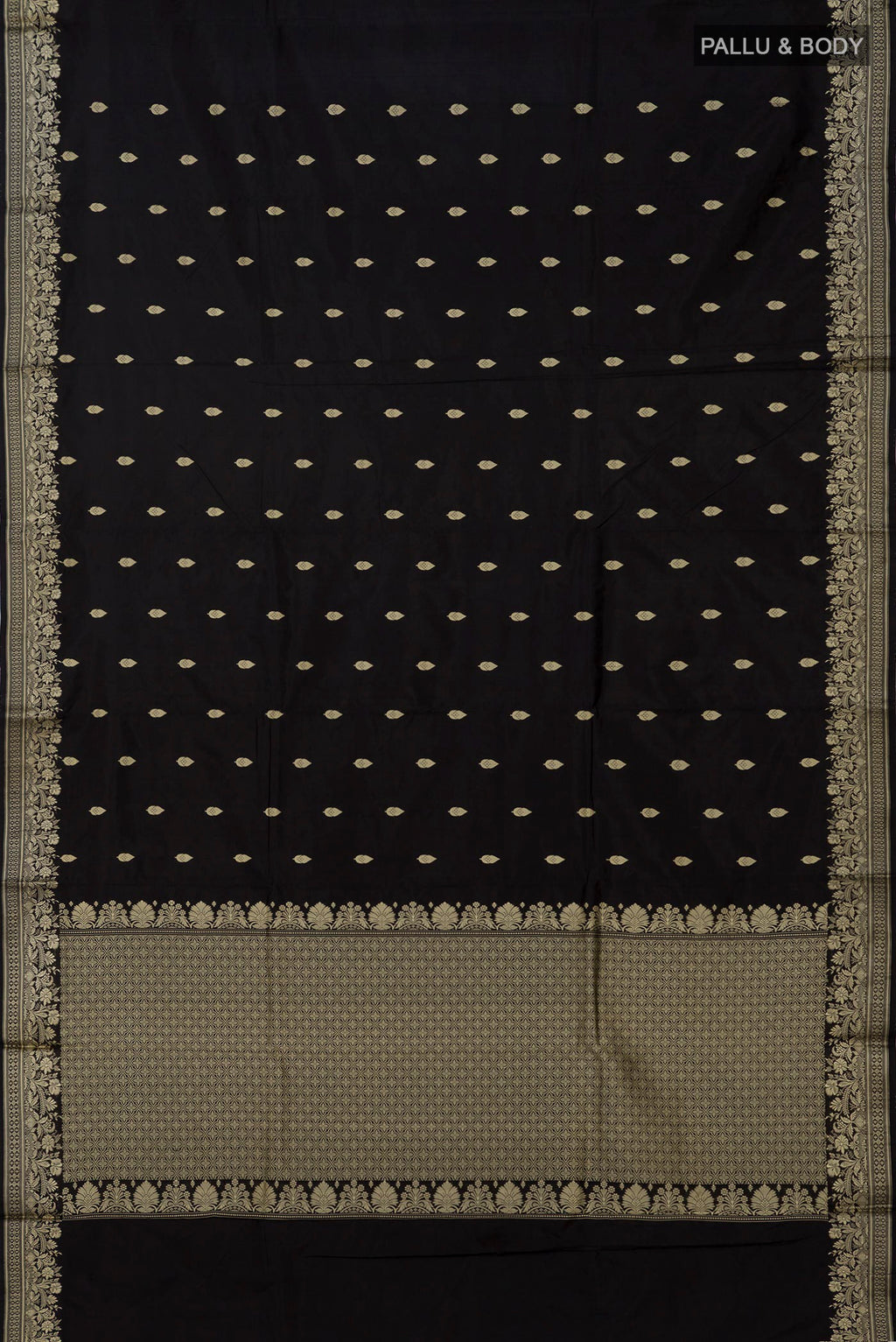 Flat view of Black Banarasi Katan Silk Saree with Thread Butta on the body and Thread Border. 