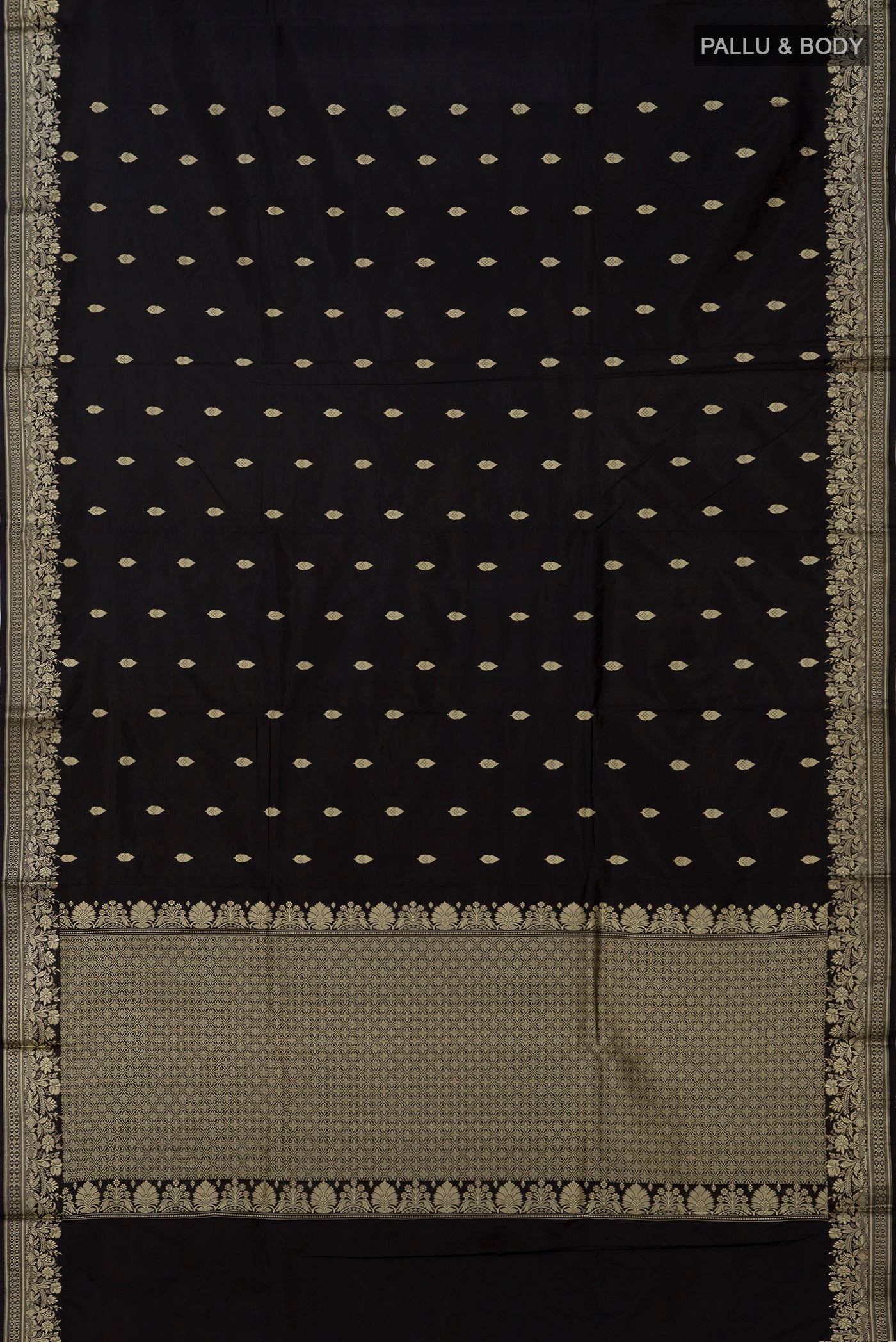 Flat view of Black Banarasi Katan Silk Saree with Thread Butta on the body and Thread Border. 