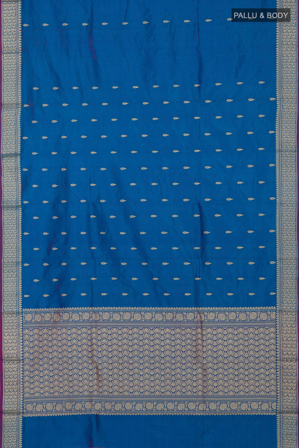 Flat view of Blue Banarasi Katan Silk Saree with Thread Butta on the body and Thread Border. 