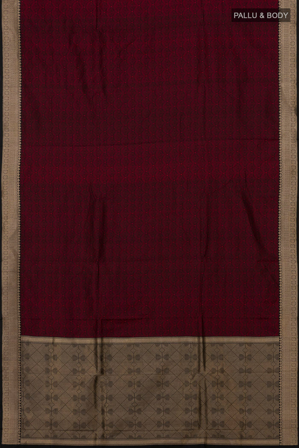 Flat view of Black Banarasi Katan Silk Saree with Jacquard design on the body and Zari Border. 