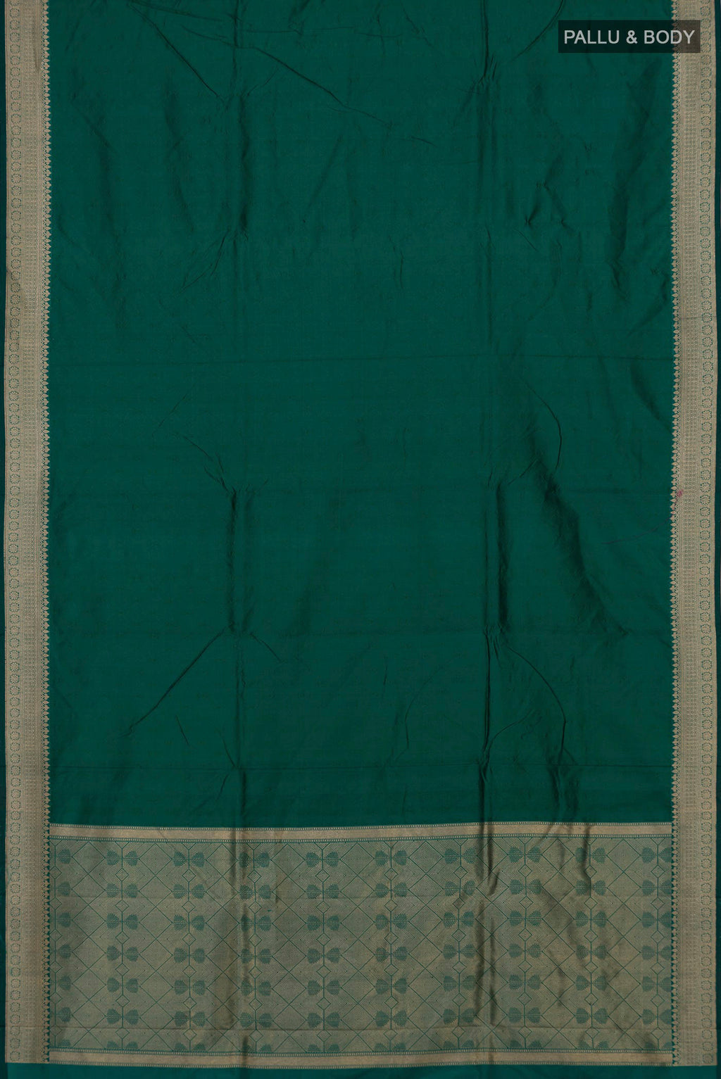 Flat view of Green Banarasi Katan Silk Saree with Plain Body and Zari Border. 