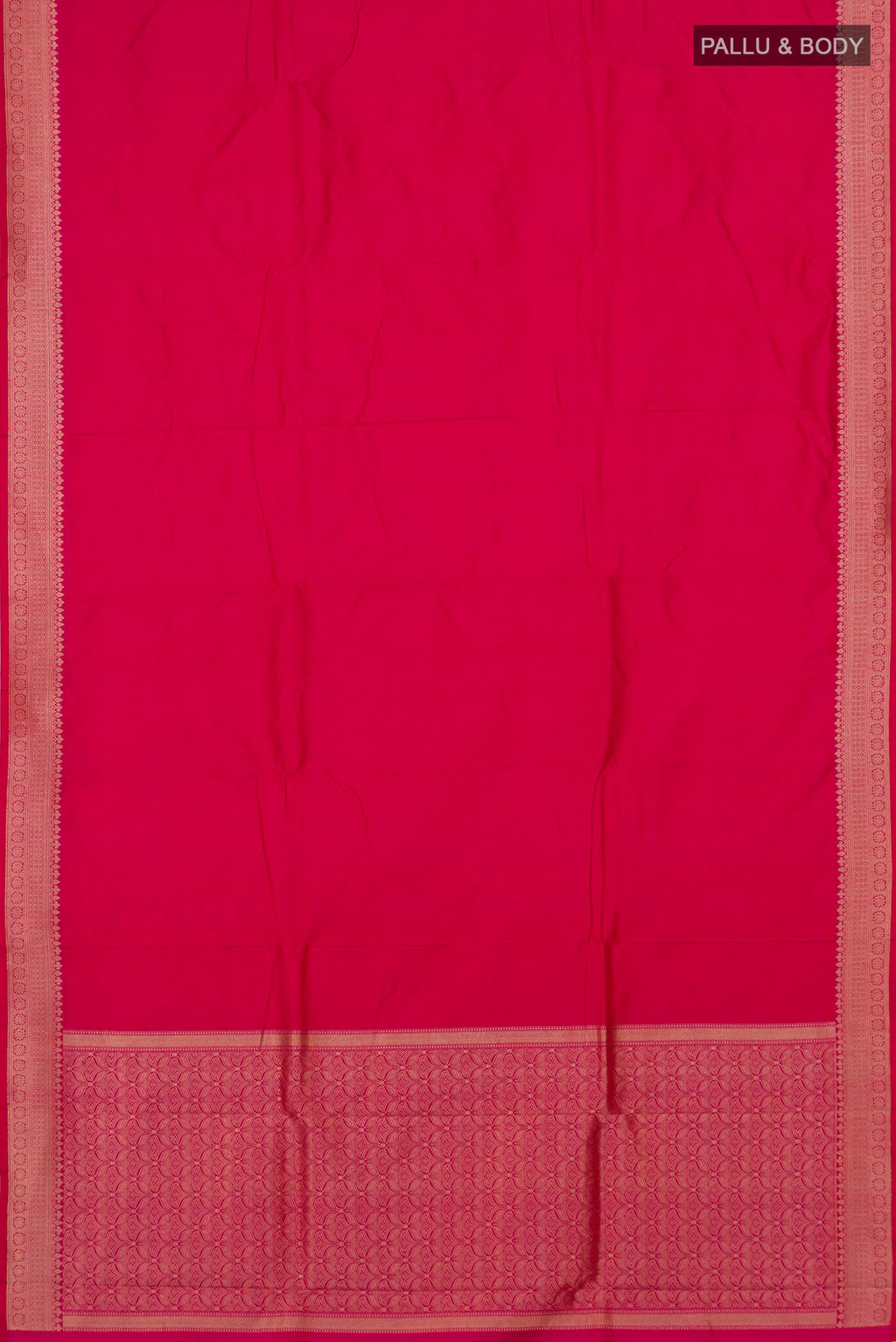 Flat view of Pink Banarasi Katan Silk Saree with Jacquard design on the body and Zari Border. 