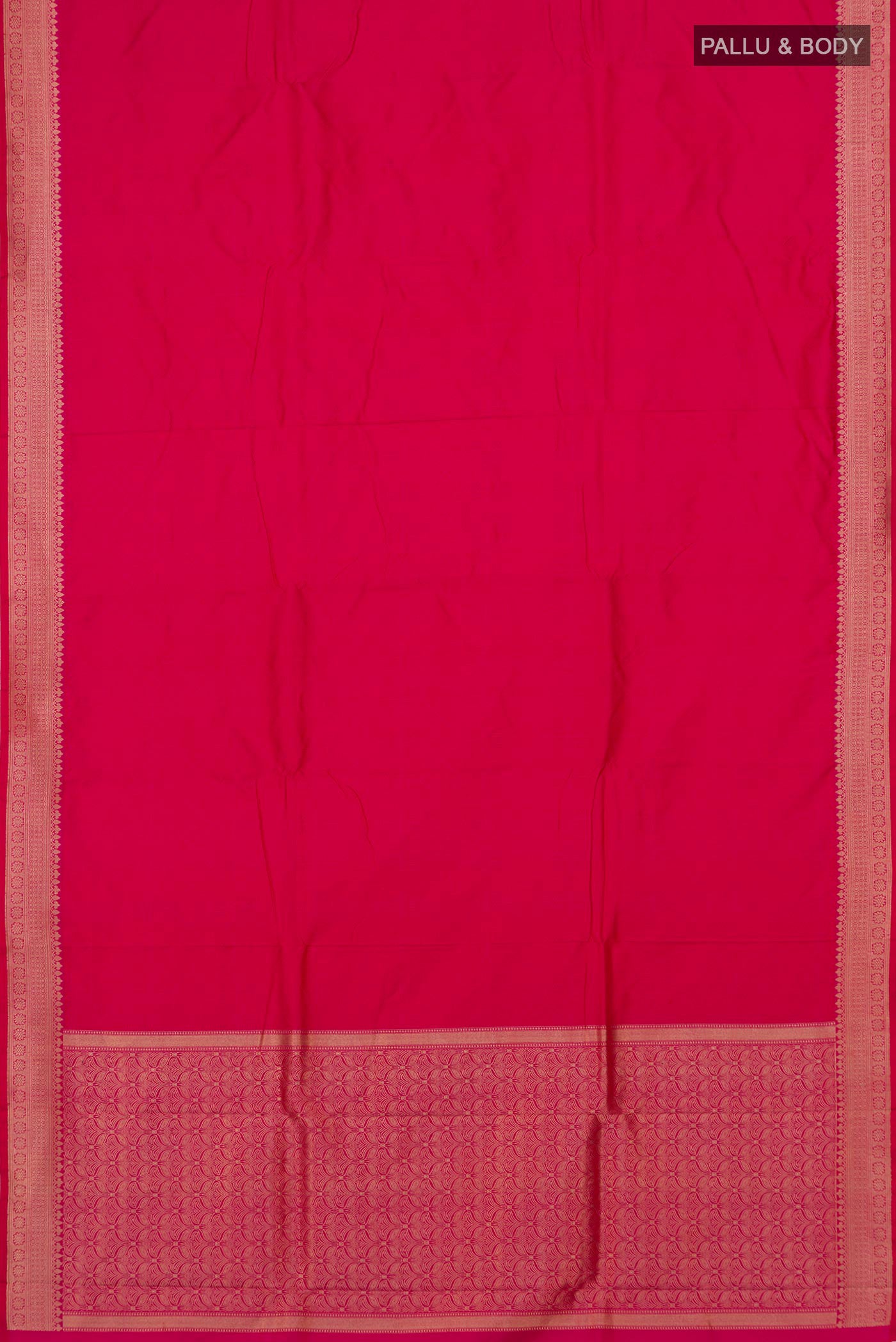 Flat view of Pink Banarasi Katan Silk Saree with Jacquard design on the body and Zari Border. 