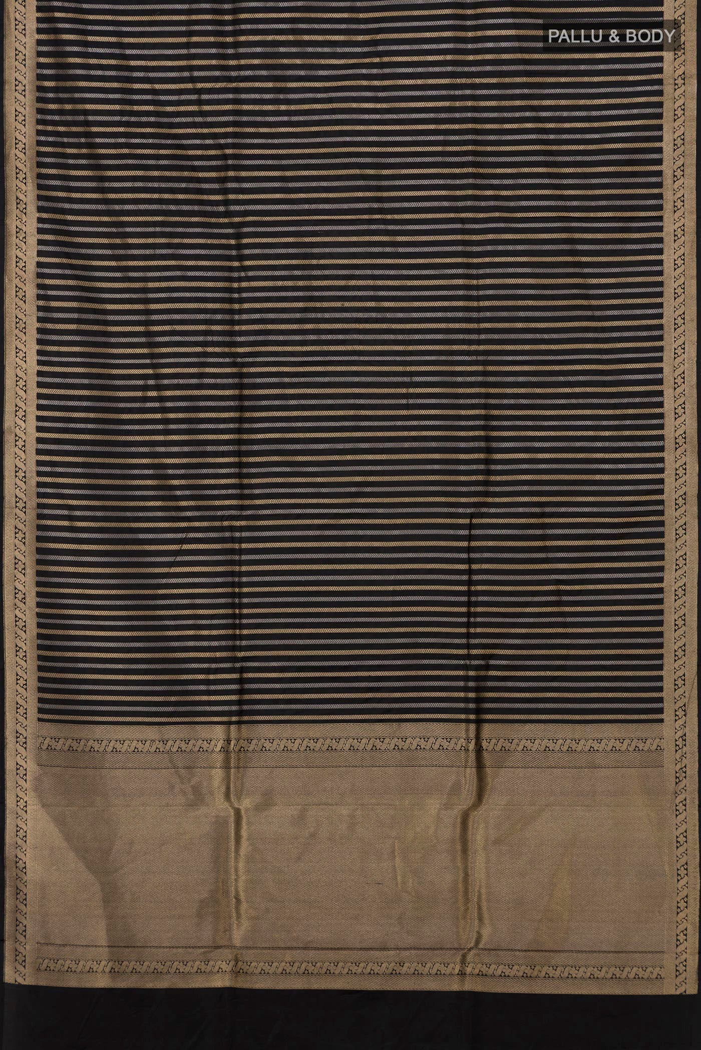 Flat view of Black Banarasi Katan Silk Saree with Stripes on the body and Zari Border. 