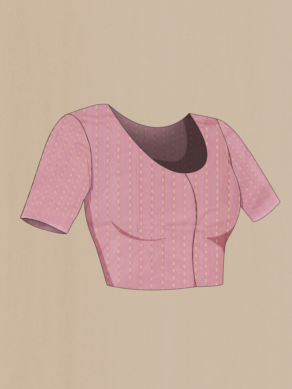 Close up image of the blouse of Rose pink Banarasi Katan Silk Saree with Stripes on the body and Zari Border. 