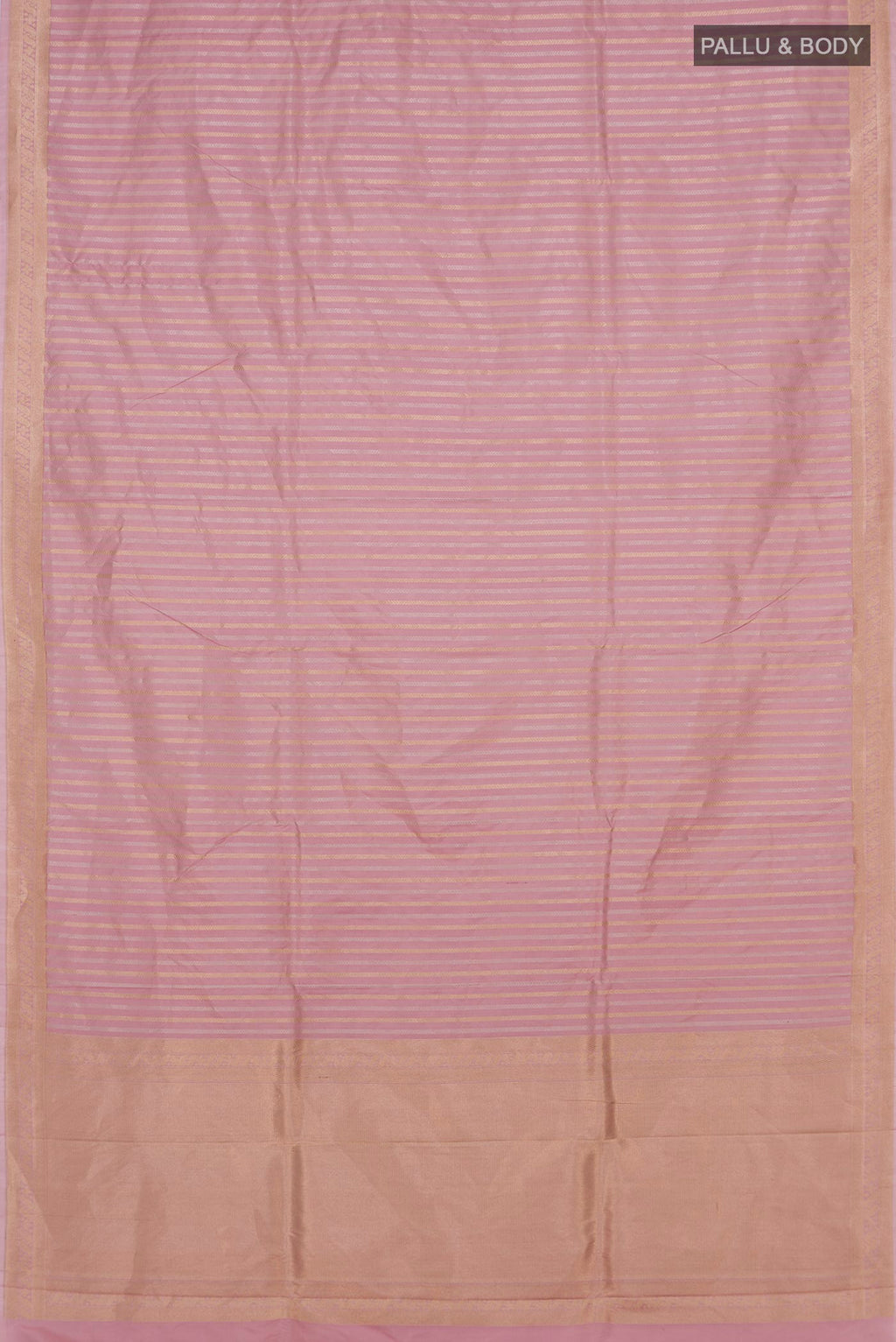 Flat view of Rose pink Banarasi Katan Silk Saree with Stripes on the body and Zari Border. 