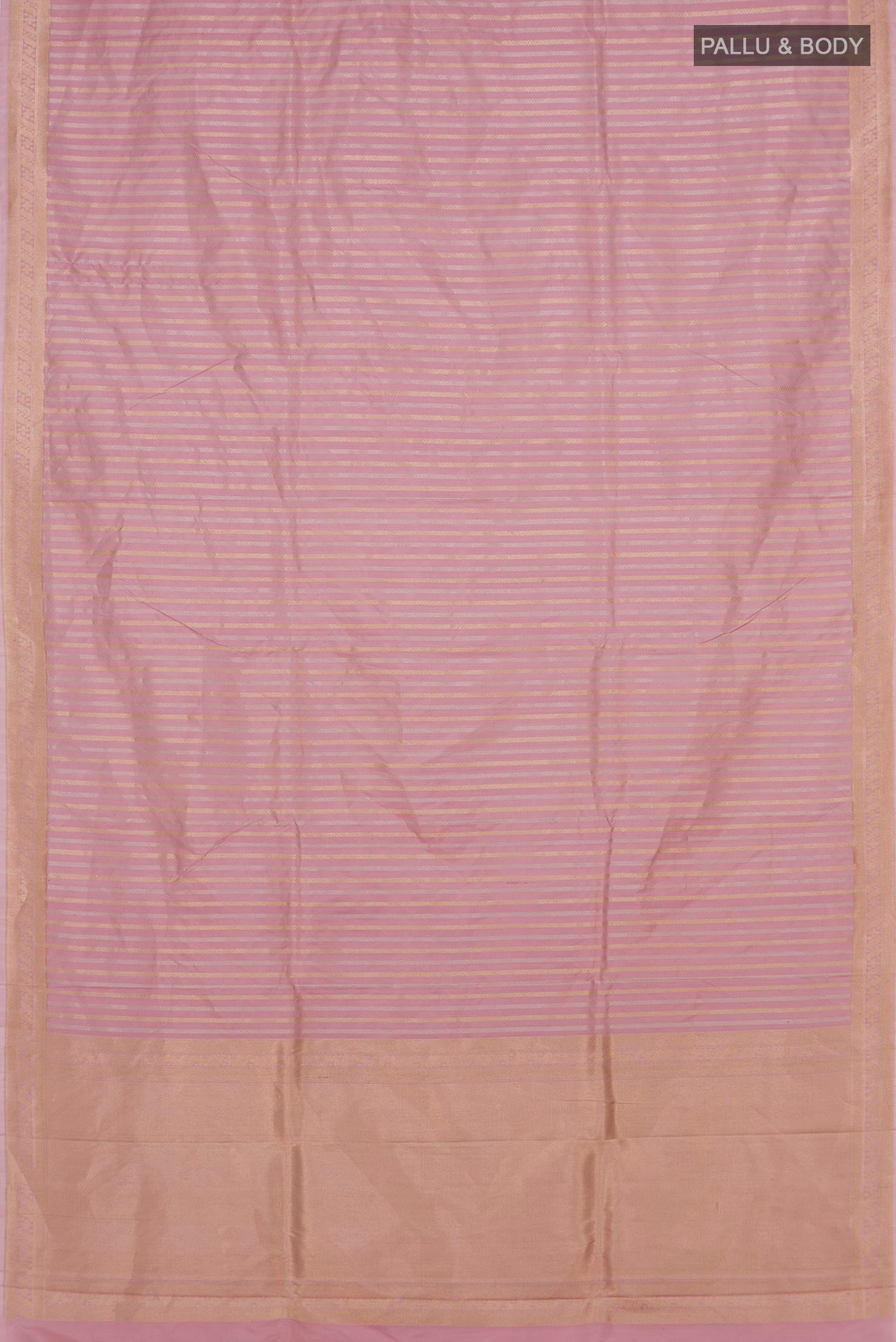 Flat view of Rose pink Banarasi Katan Silk Saree with Stripes on the body and Zari Border. 