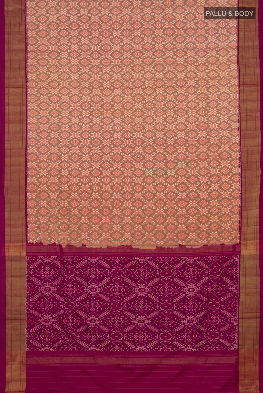 Flat view of Peach Pochampally Silk Saree with Ikat design on the body and Zari Border. 