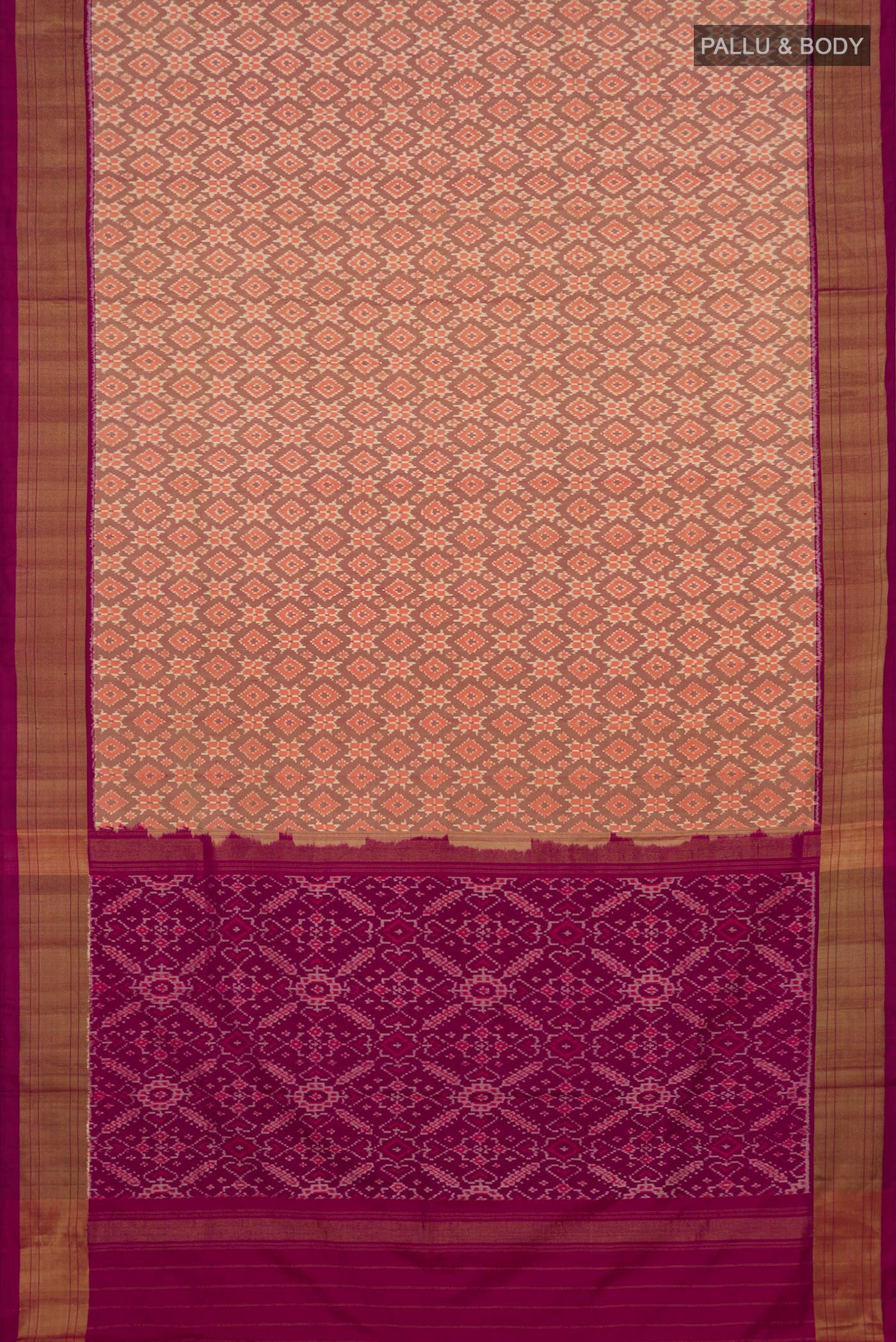 Flat view of Peach Pochampally Silk Saree with Ikat design on the body and Zari Border. 