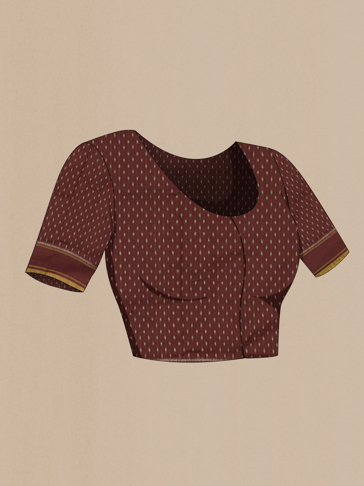 Close up image of the blouse of Pure Silk Brown Pochampally Saree with Ikat design on the body and Plain Border. 