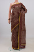 Pure Silk Brown Pochampally Saree with Ikat design on the body and Plain Border.  displayed on a mannequin