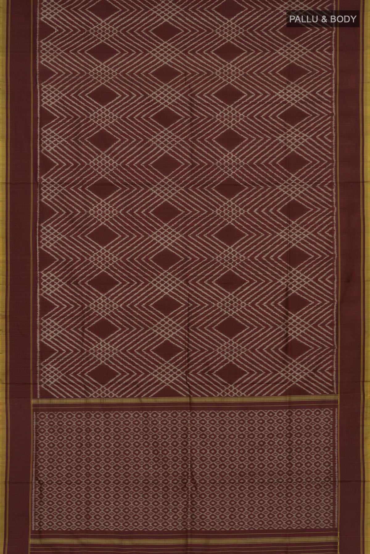 Flat view of Pure Silk Brown Pochampally Saree with Ikat design on the body and Plain Border. 