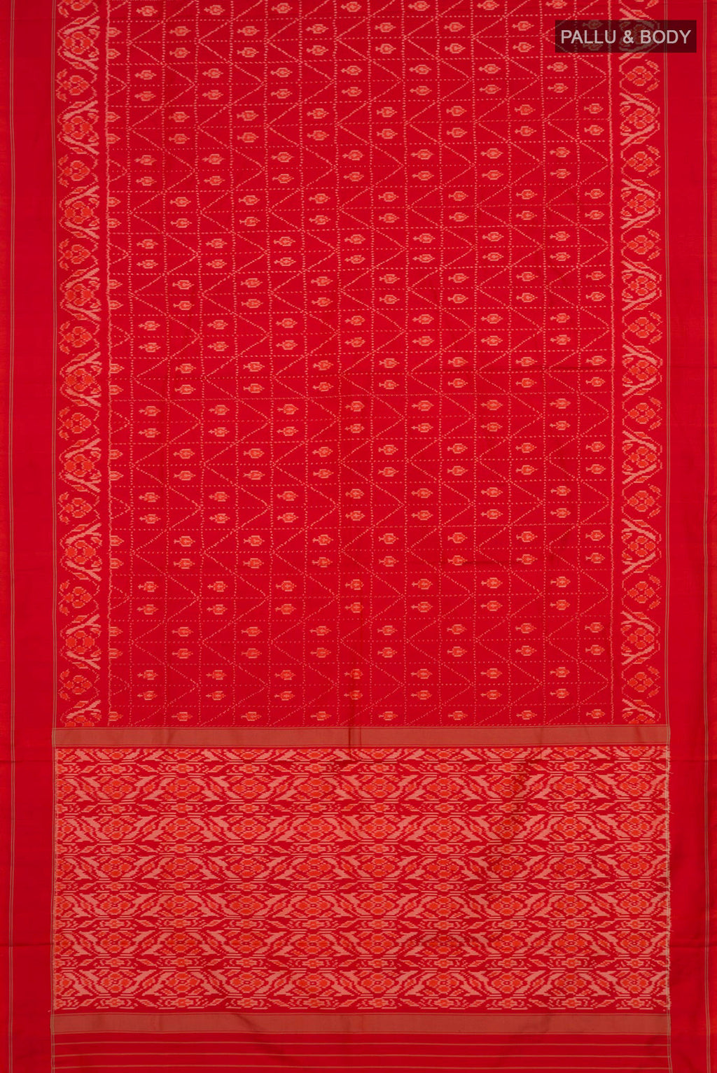 Flat view of Orange Pochampally Silk Saree with Ikat design on the body and Plain Border. 