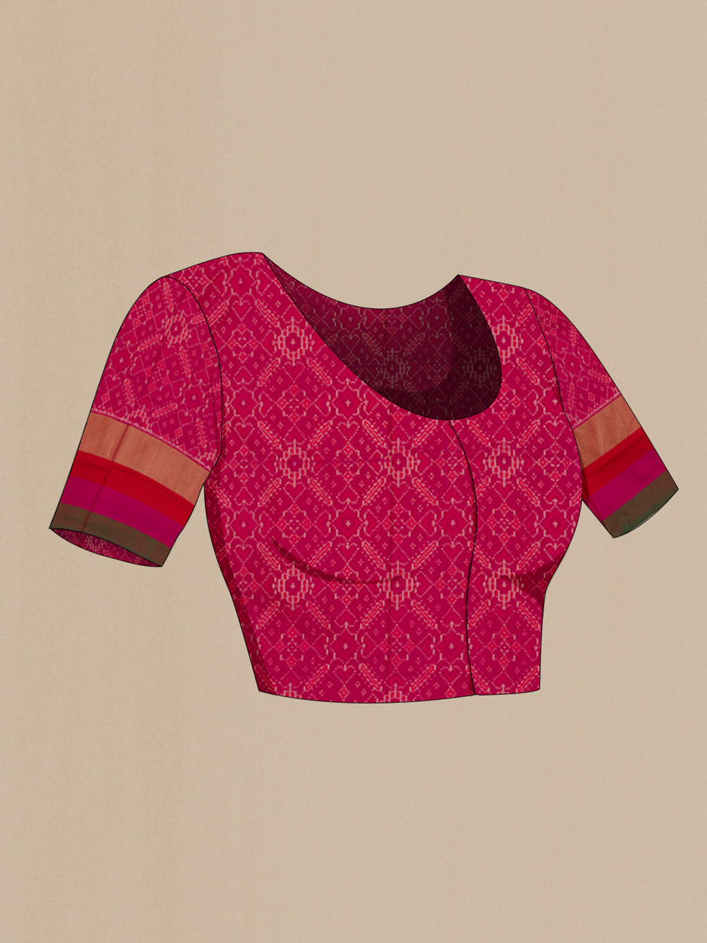 Close up image of the blouse of Green Pochampally Saree with Ikat design on the body and Zari Border. 