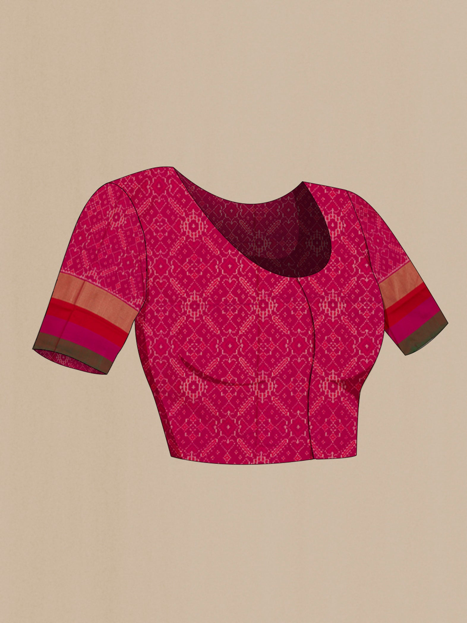Close up image of the blouse of Green Pochampally Saree with Ikat design on the body and Zari Border. 