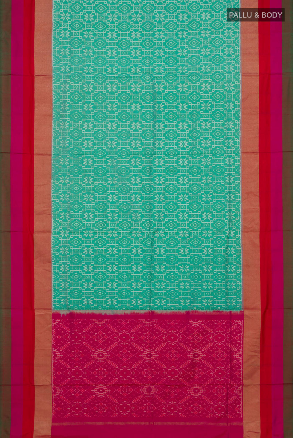 Flat view of Green Pochampally Saree with Ikat design on the body and Zari Border. 