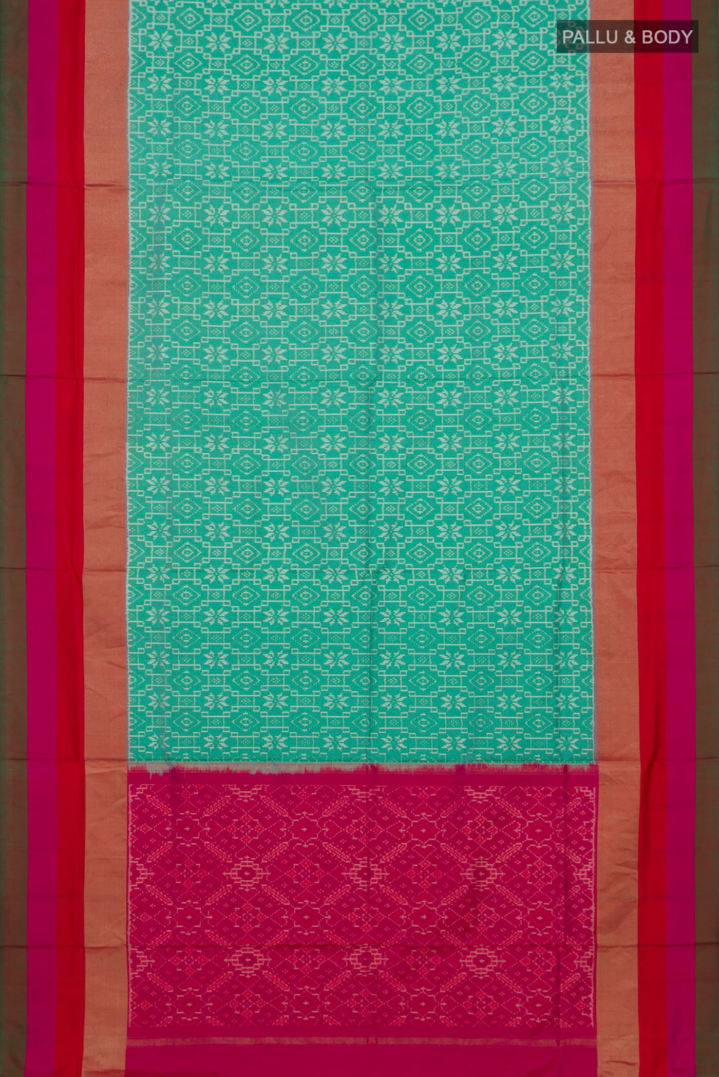 Flat view of Green Pochampally Saree with Ikat design on the body and Zari Border. 