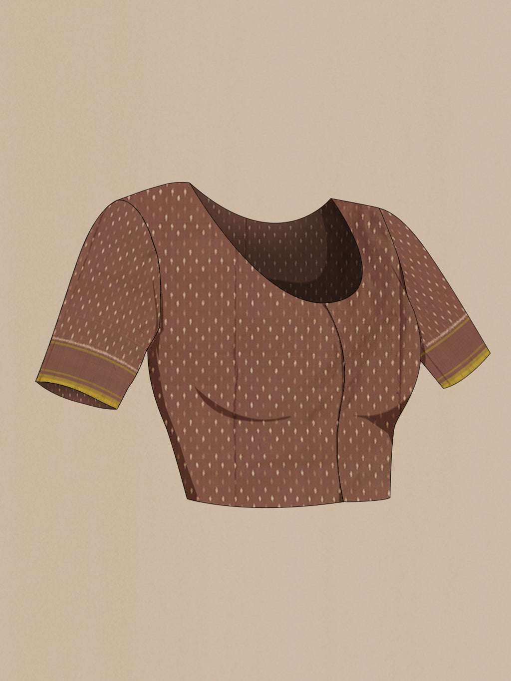 Close up image of the blouse of Beige Pochampally Saree with Ikat design on the body and Plain Border. 