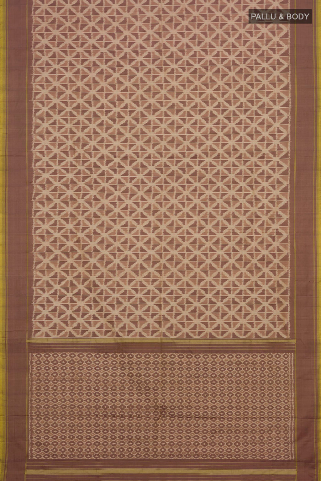 Flat view of Beige Pochampally Saree with Ikat design on the body and Plain Border. 