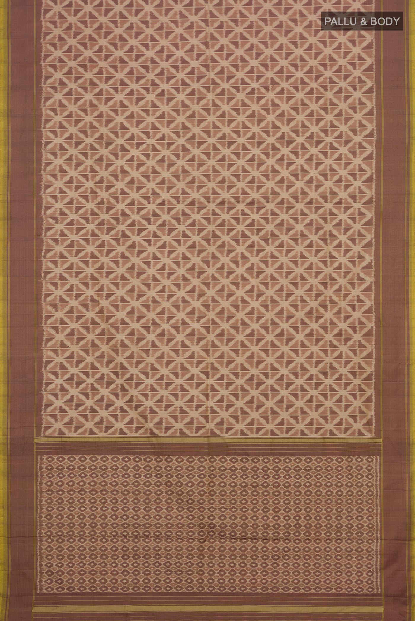 Flat view of Beige Pochampally Saree with Ikat design on the body and Plain Border. 