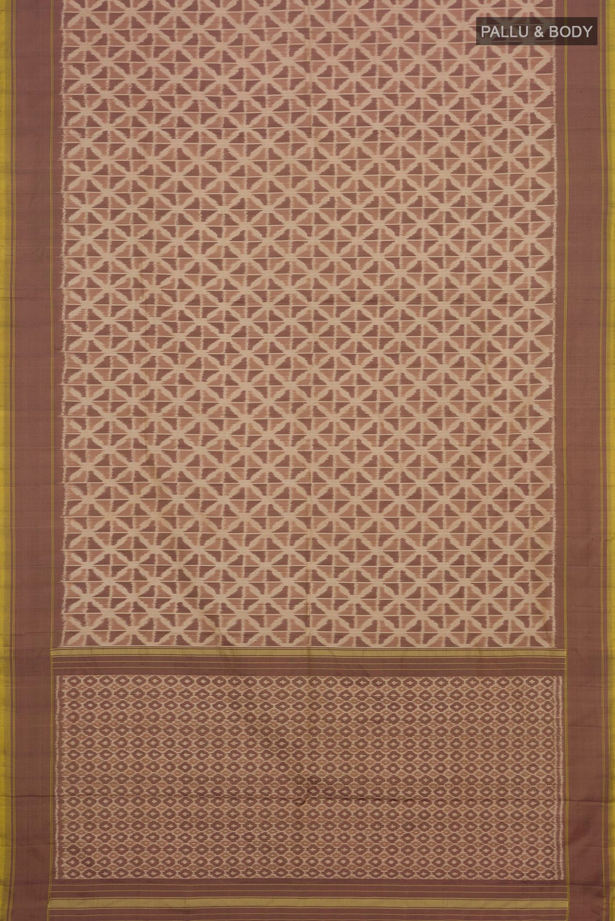 Flat view of Beige Pochampally Saree with Ikat design on the body and Plain Border. 