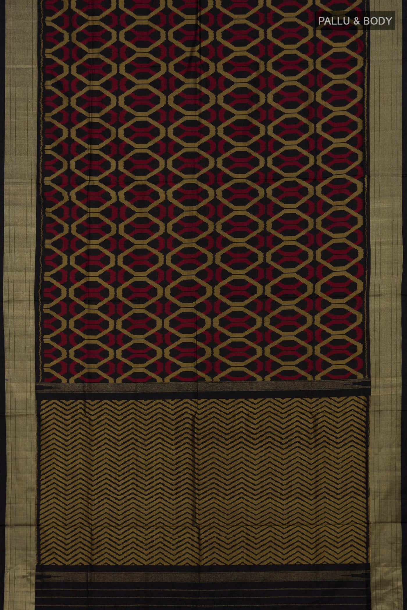 Flat view of Black Pochampally Silk Saree with Ikat design on the body and Zari Border. 