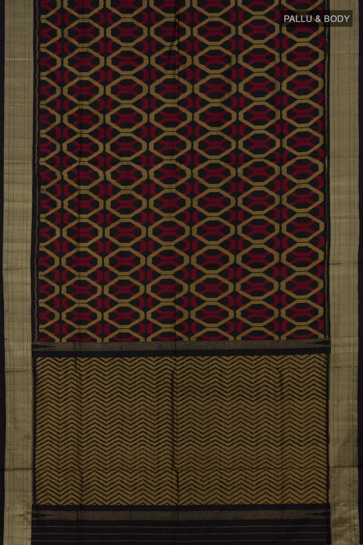 Flat view of Black Pochampally Silk Saree with Ikat design on the body and Zari Border. 